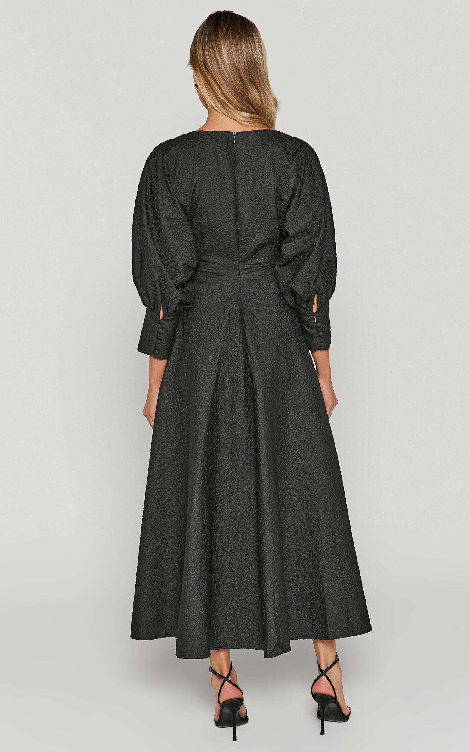 Ashtina Midi Dress - V Neck Cut Out Puff Sleeve Dress in Black Product Image