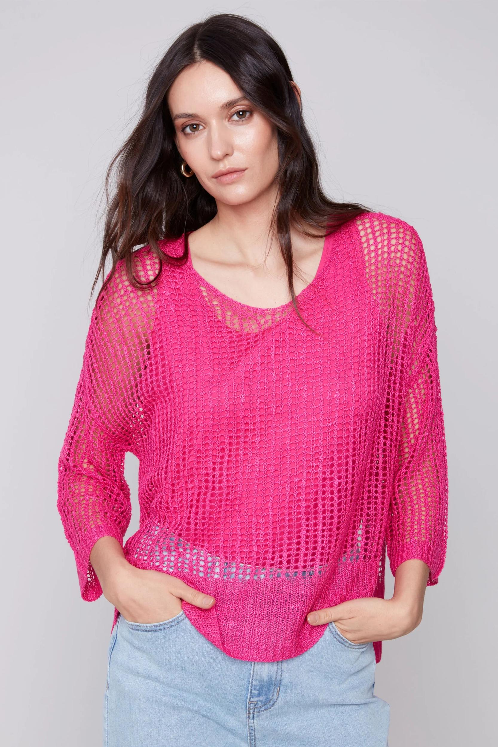 Fishnet crochet 3/4 sleeve dolman top Product Image
