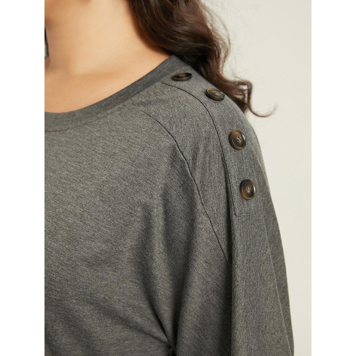 Plus Size Plain Button Detail Pocket Gathered Dress DimGray Women Casual Gathered Round Neck Long Sleeve Curvy Knee Dress BloomChic 28/5X Product Image