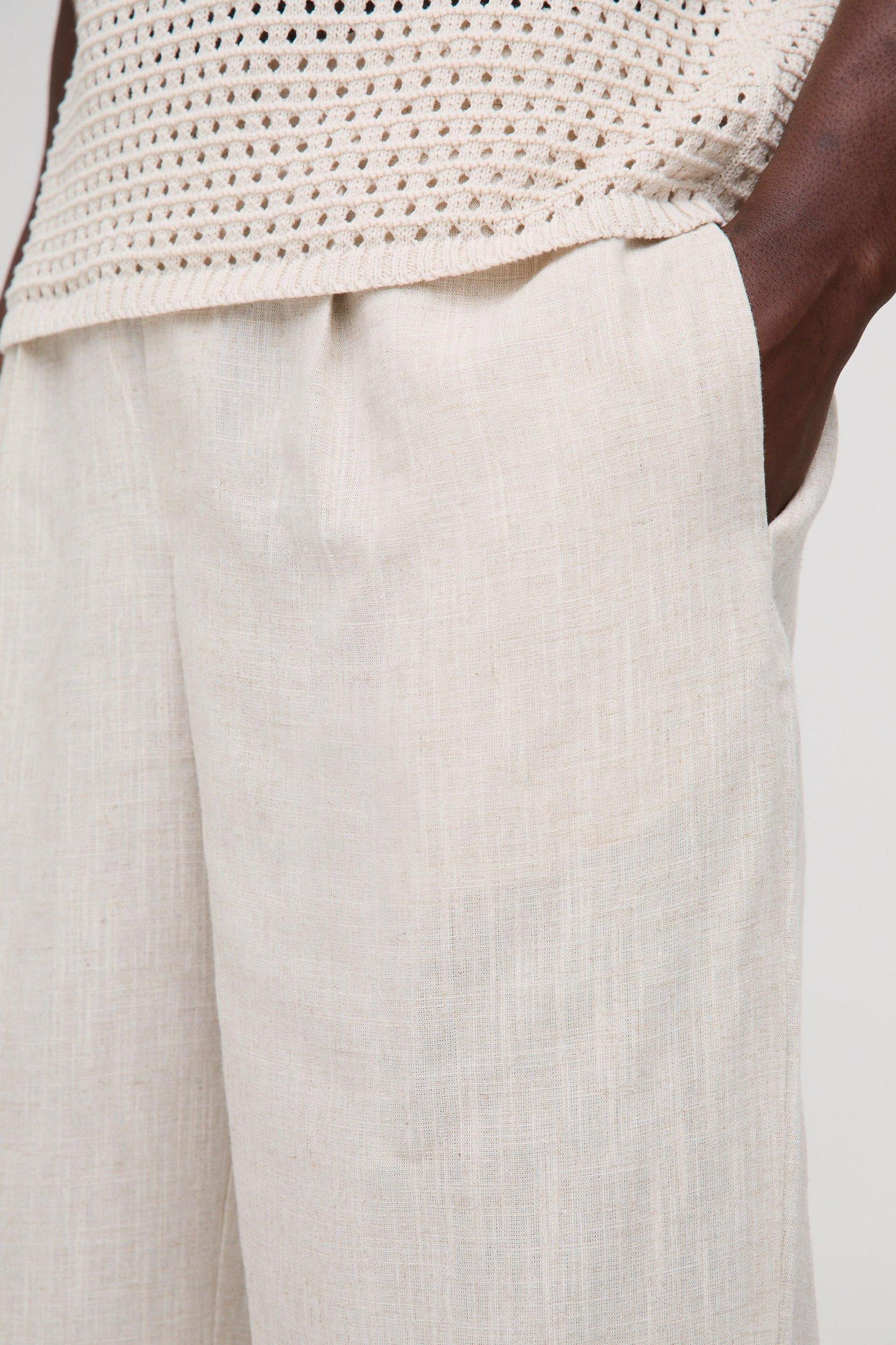 Half & Half Waistband Wide Fit Pleat Front Linen Blend Pants | boohooMAN USA Product Image