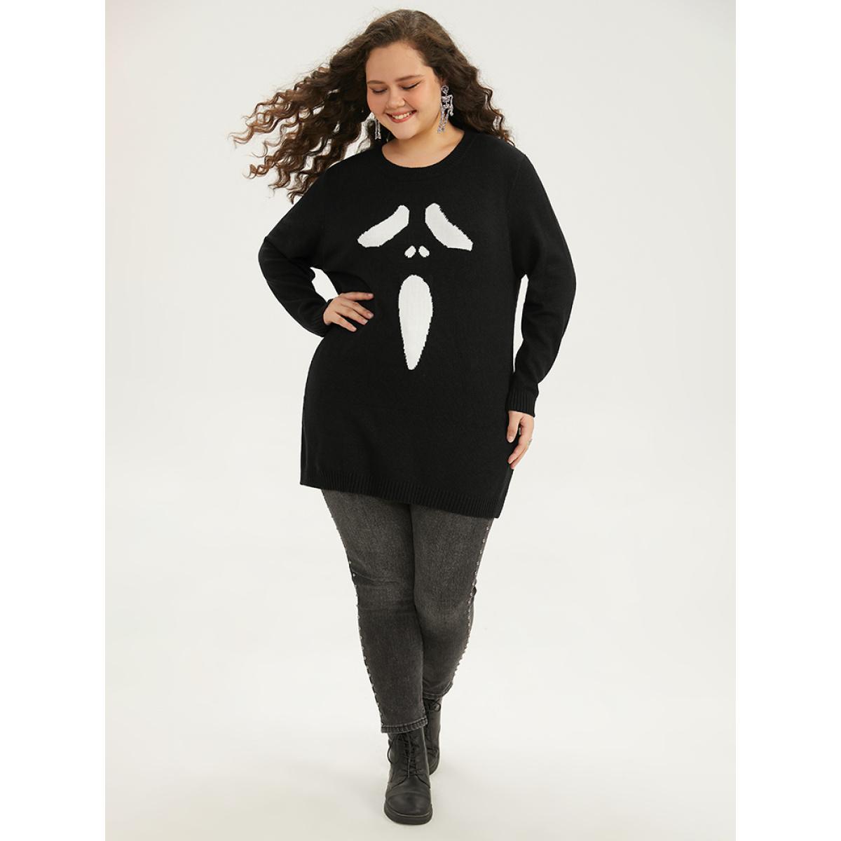 Plus Size Supersoft Essentials Halloween Ghost Face Print Pullover Black Women Casual Loose Long Sleeve Round Neck Festival-Halloween Pullovers BloomChic 28/5X Product Image