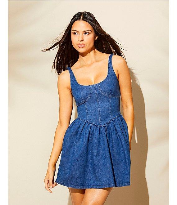 Gianni Bini Violet Scoop Neck Sleeveless Stretch Denim A-Line Mini Dress Product Image