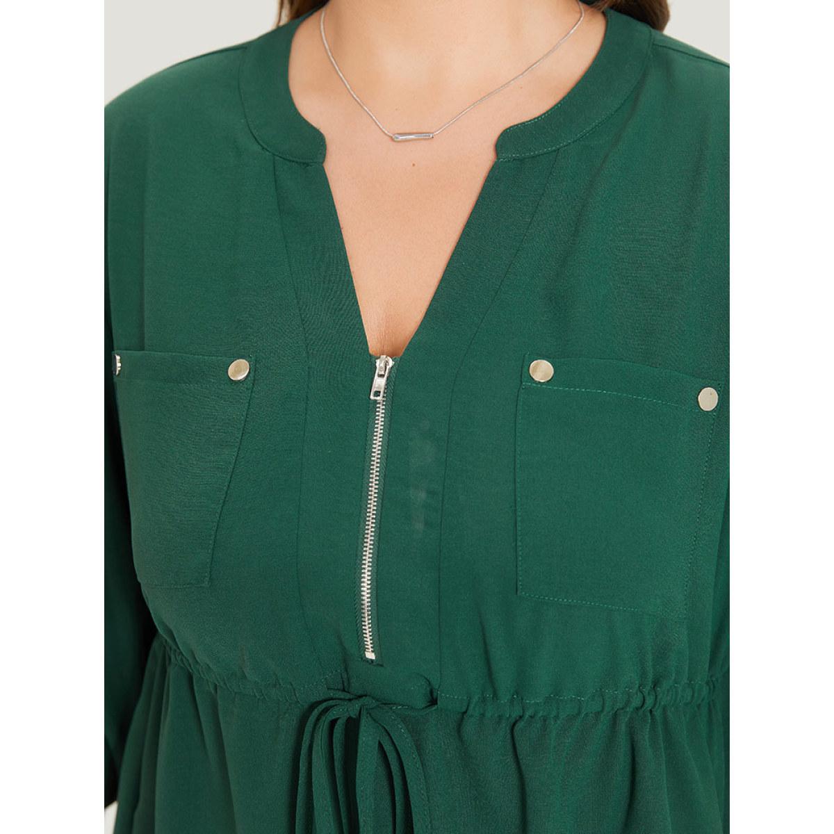 Plus Size Plain Drawstring Pocket Zipper Notched Gathered Tab Sleeve Dress Green Women Office Zipper Notched collar Half Sleeve Curvy Knee Dress BloomChic 18-20/2X Product Image