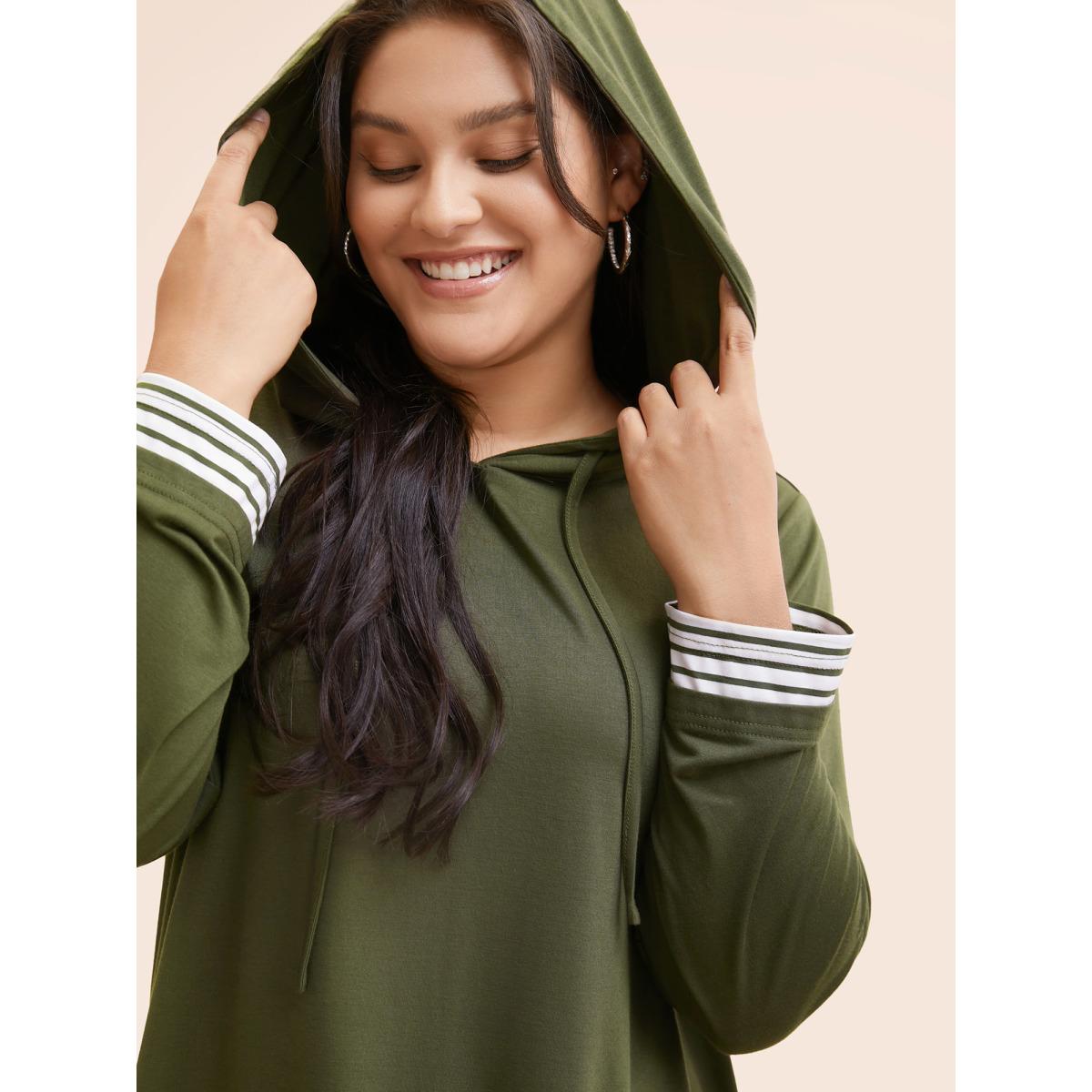 Plus Size Striped Patchwork Hooded Drawstring T-shirt ArmyGreen Women Casual Patchwork Striped Hooded Dailywear T-shirts BloomChic 22-24/3X Product Image