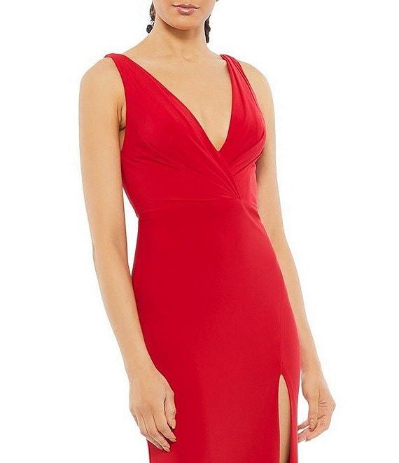 Mac Duggal Ruched Deep V-Neck Sleeveless Low Back Detail Thigh High Slit Gown Product Image