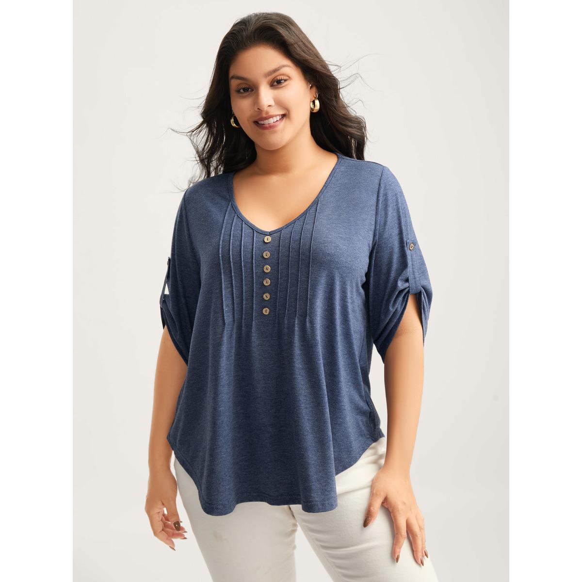 Plus Size Supersoft Tab Sleeve Placket T-Shirt Stone Women Leisure V-neck Casual T-shirts BloomChic 14-16/1X Product Image