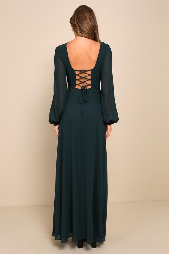 Marvelous Affair Emerald Green Pleated Lace-Up Maxi Dress Product Image