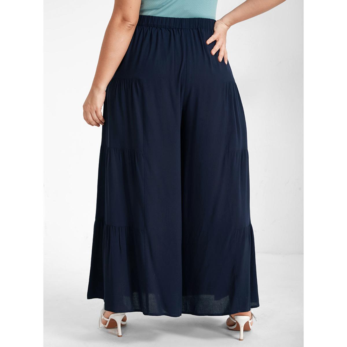 Plus Size High Waisted Chiffon Wide Leg Pants Women DarkBlue Casual Loose High Rise Dailywear Pants BloomChic 22-24/3X Product Image