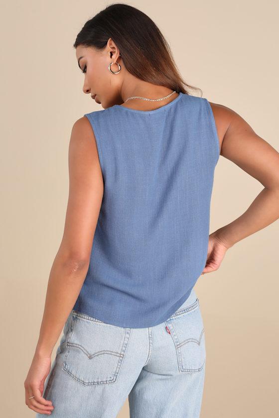Casually Sophisticated Blue Linen Button-Front Top Product Image