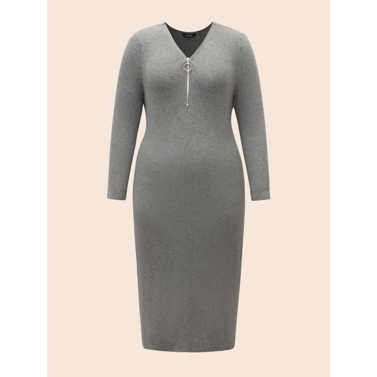 Plus Size Solid Knit Zipper Midi Dress DarkGray Women Casual Texture Knit Dresses Bloomchic 10/M Product Image