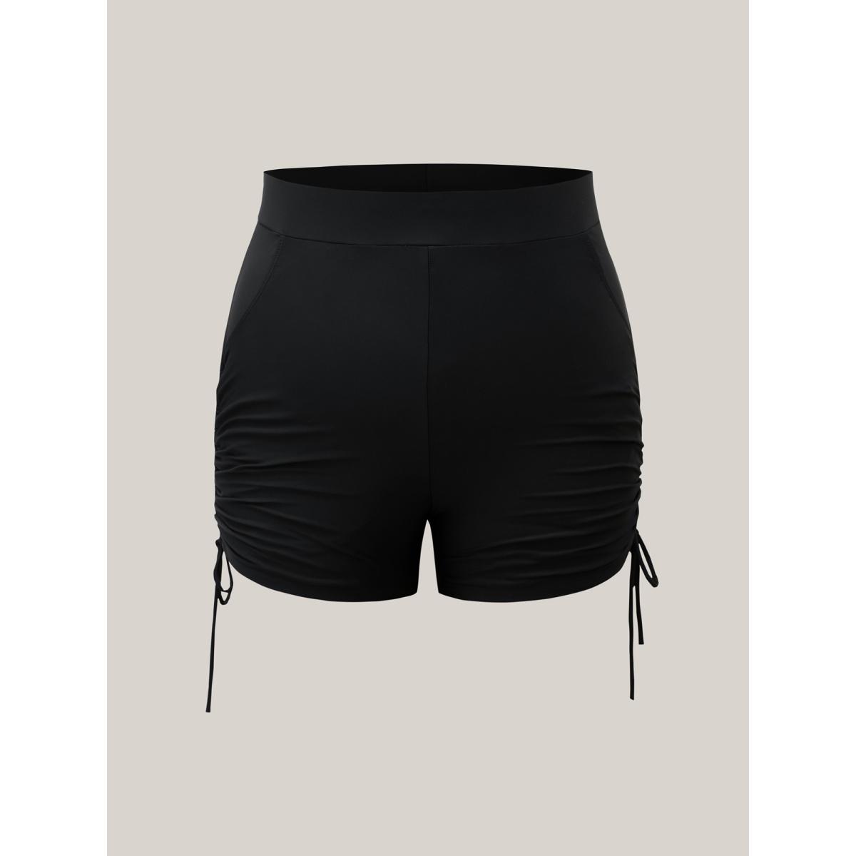 Plus Size Ruched Drawstring Pocket Slim Swim Bottom Women's Swimwear Black Resort Gathered High stretch Skinny High Rise Slanted pocket Curve Swim Bottoms BloomChic 12/L Product Image