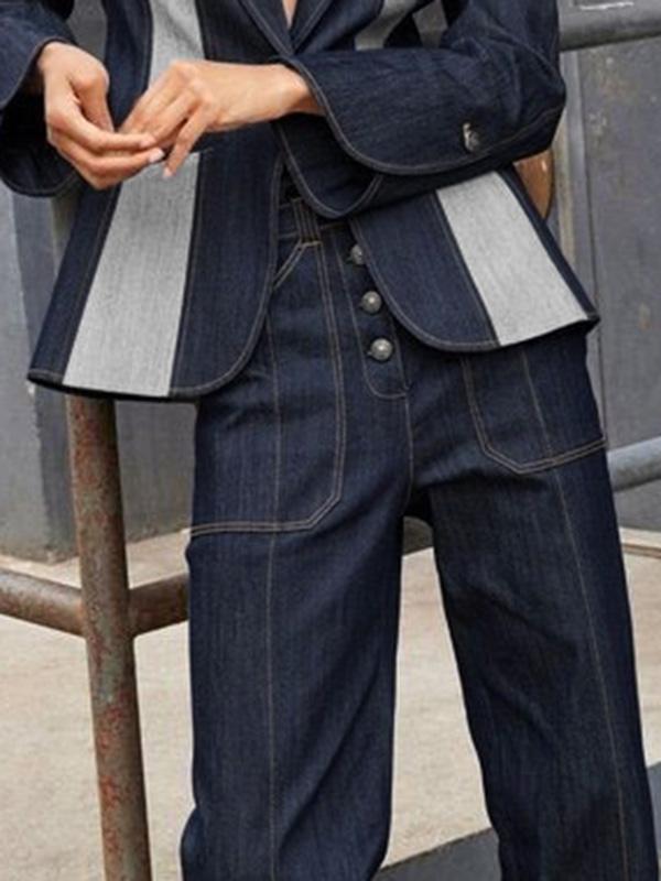 High Waisted Straight Leg Contrast Color Split-Joint Jean Pants Bottoms Product Image