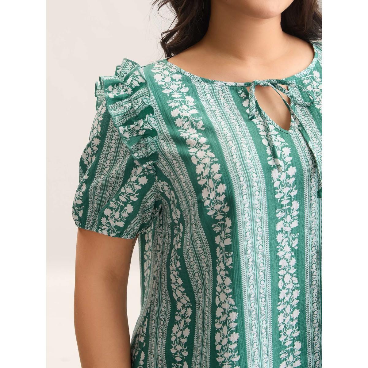 Plus Size Teal Floral Print Ruffled Detail Sleeve Blouse Women Short sleeve Flat collar with V-notch Everyday-Elegant Blouses BloomChic 26/4X Product Image