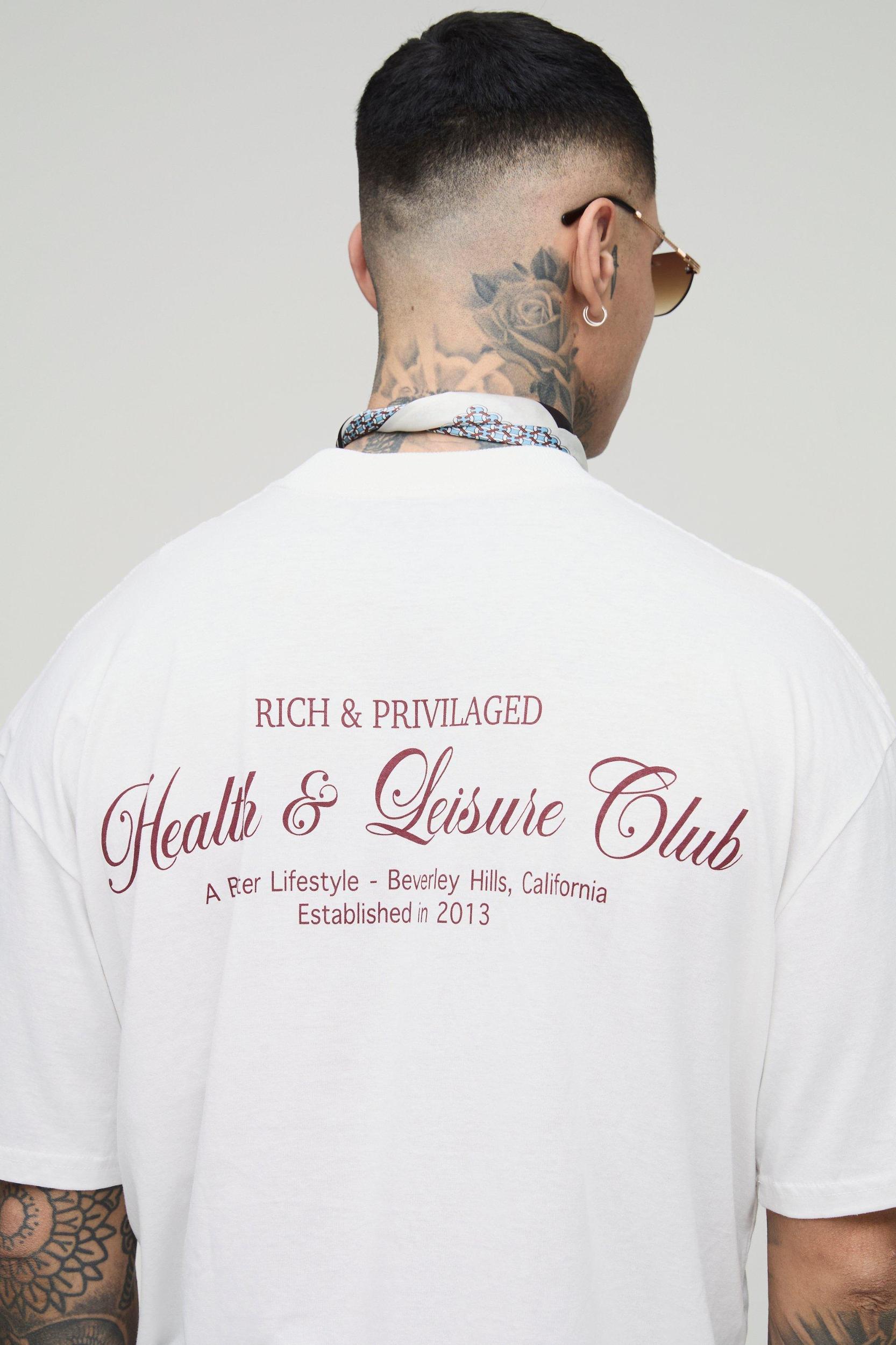 Tall Oversized Extended Neck Health & Leisure Club Print T-Shirt | boohooMAN USA Product Image