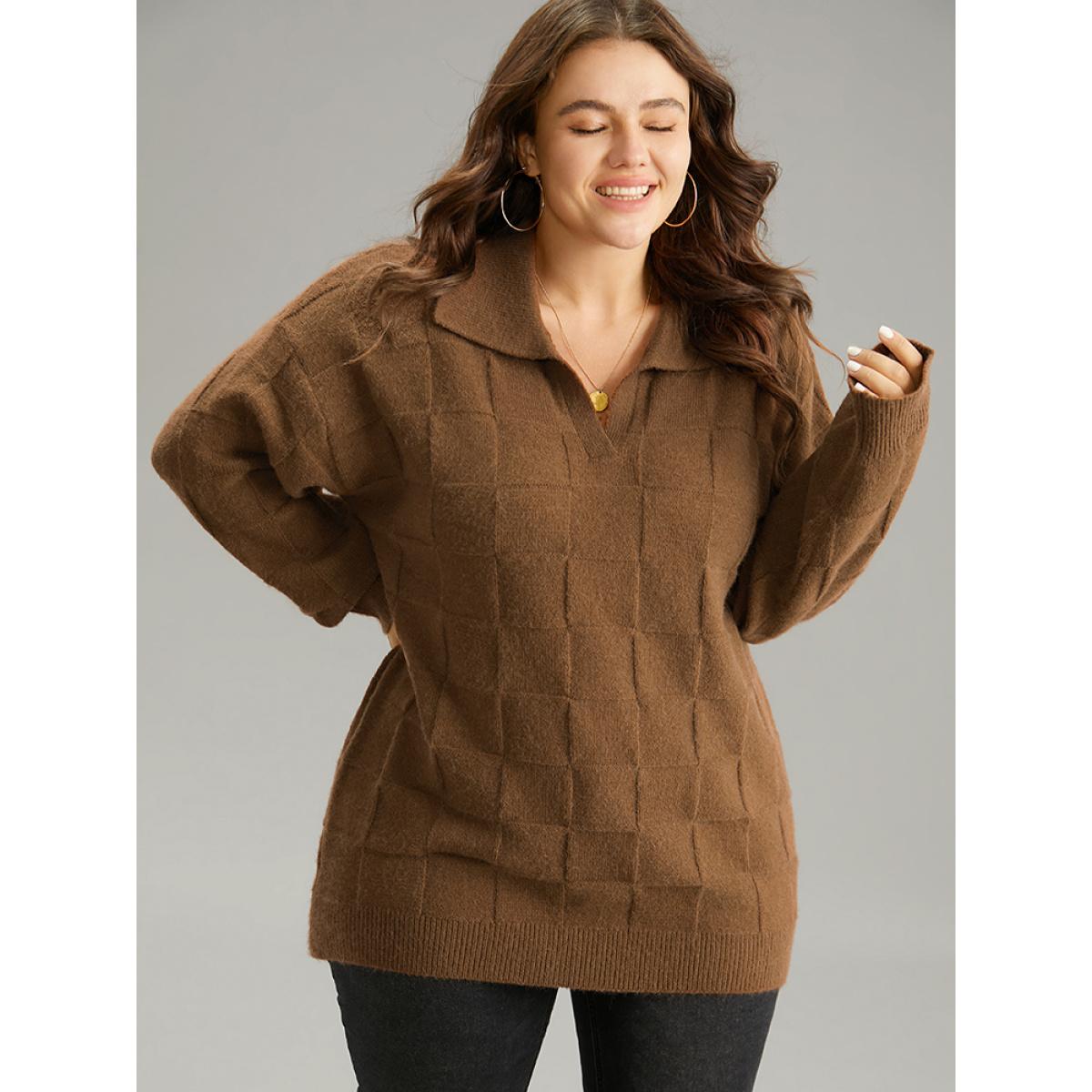 Plus Size Anti-Pilling Plisse Lapel Collar Pullover DarkBrown Women Casual Loose Long Sleeve Lapel Collar Dailywear Pullovers BloomChic 22-24/3X Product Image