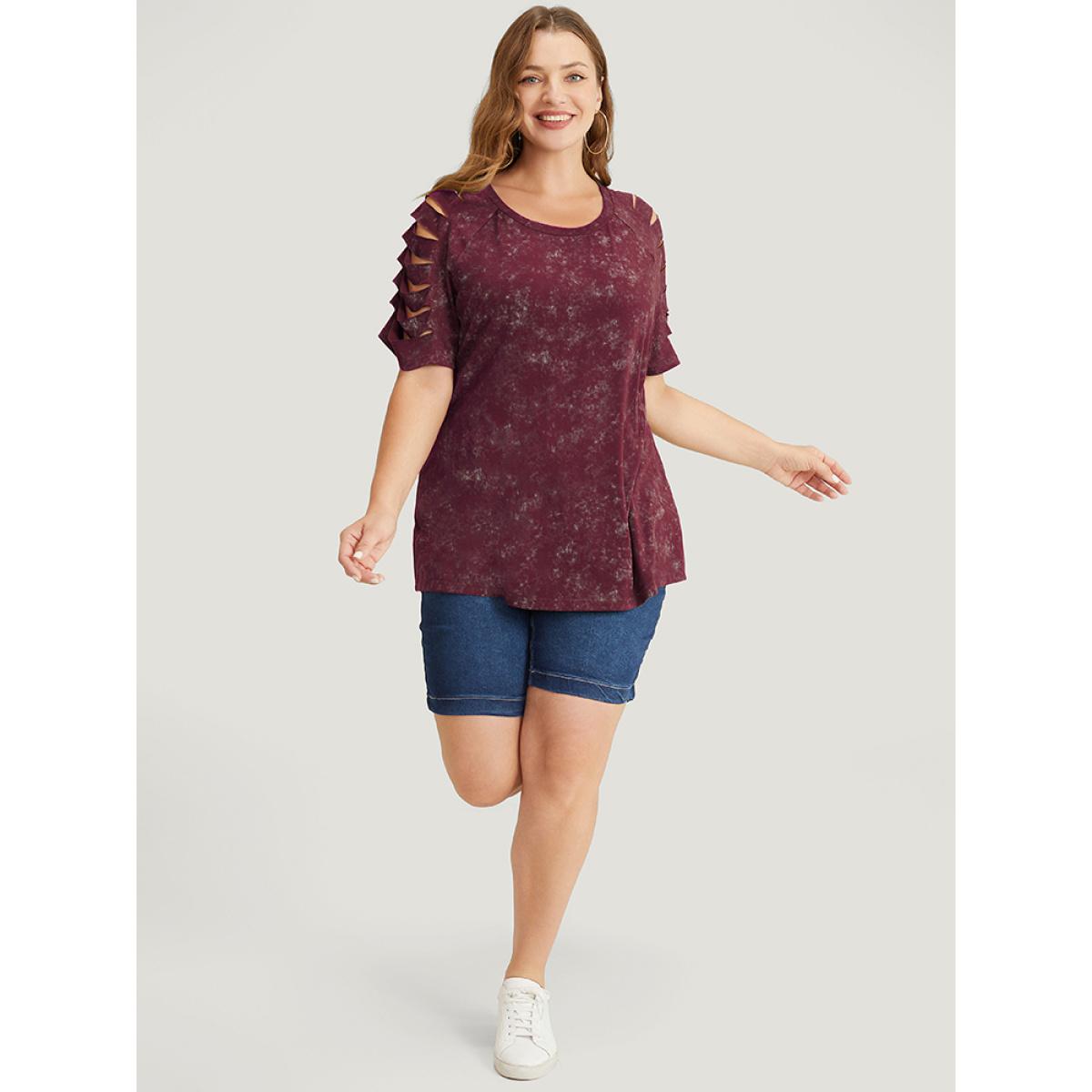 Plus Size Solid Cut Out Raglan Sleeve T-shirt Burgundy Women Casual Cut-Out Plain Round Neck Dailywear T-shirts BloomChic 30/6X Product Image