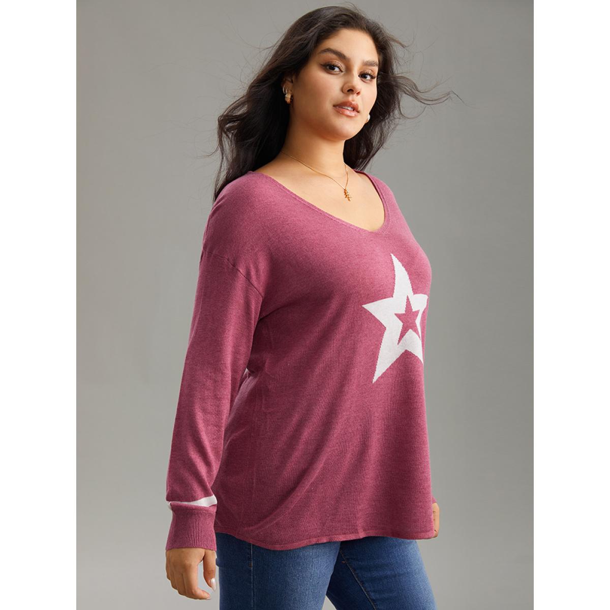 Plus Size Supersoft Essentials Star V Neck Pullover Rust Women Casual Long Sleeve V-neck Dailywear Pullovers BloomChic 28/5X Product Image