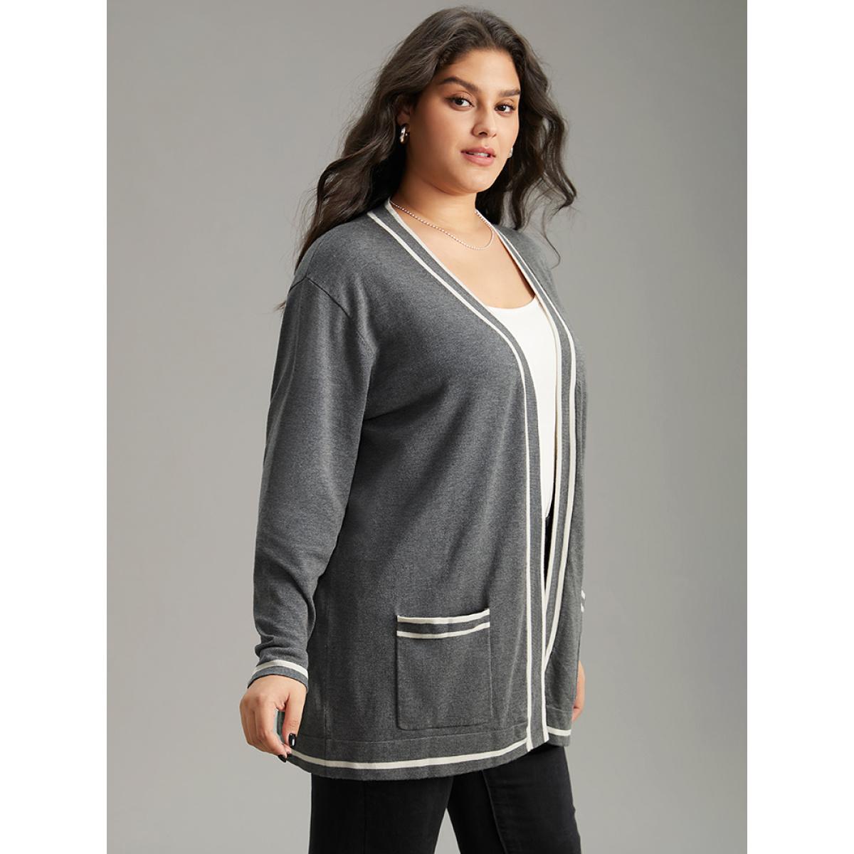 Plus Size Supersoft Essentials Striped Patchwork Pocket Open Front Cardigan Gray Women Casual Loose Long Sleeve Everyday Cardigans BloomChic 10/M Product Image