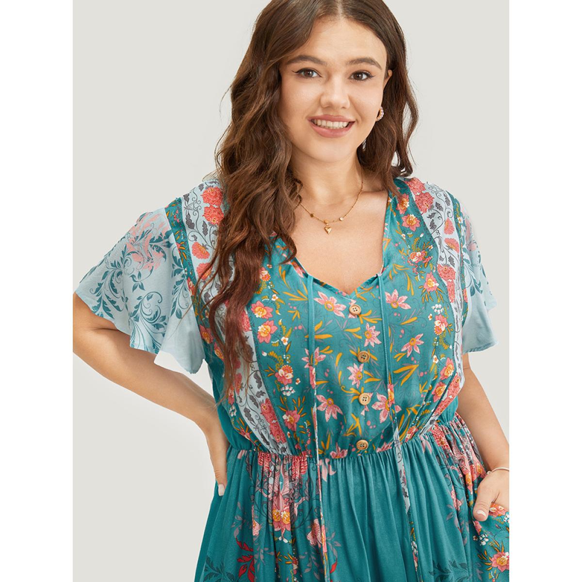 Plus Size Bandana Print Ruffle Sleeve Pocket Tie Neck Tassels Dress Emerald Women Vacation Tassels Tie Neck Short sleeve Curvy Knee Dress BloomChic 18-20/2X Product Image