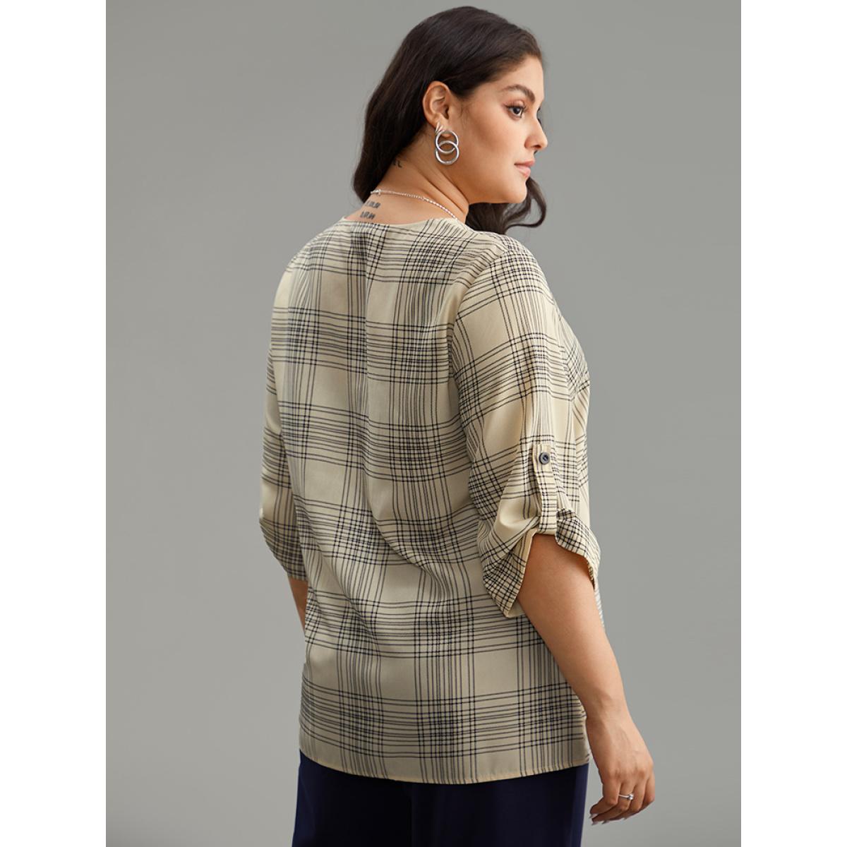Plus Size Beige Plaid Button Through Roll Tab Sleeve Blouse Women Office Half Sleeve V-neck Work Blouses BloomChic 28/5X Product Image