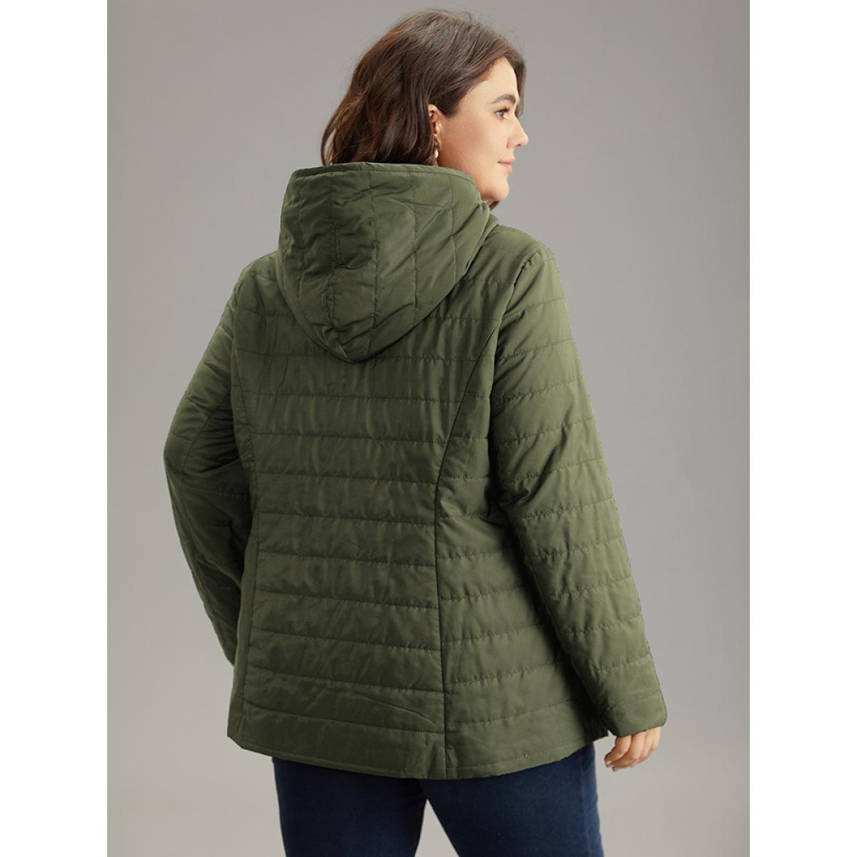 Plus Size Drawstring Patchwork PU Leather Zipper Jacket Women ArmyGreen Casual Lined Ladies Everyday Winter Coats BloomChic 22-24/3X Product Image