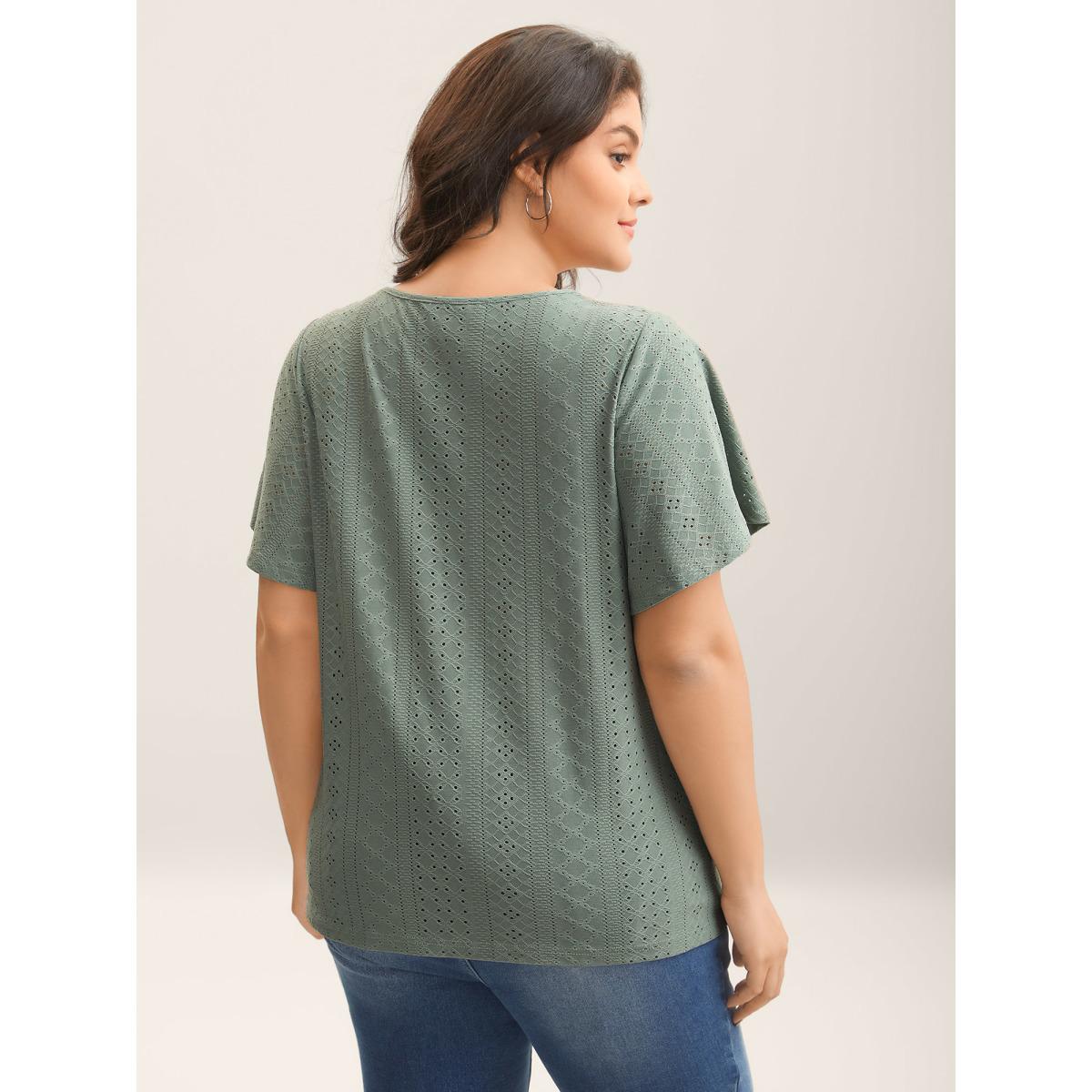Plus Size Textured Eyelet Stretchy V-Neck T-Shirt Sage Women Woven ribbon&lace trim V-neck Everyday-Elegant T-shirts BloomChic 14-16/1X Product Image