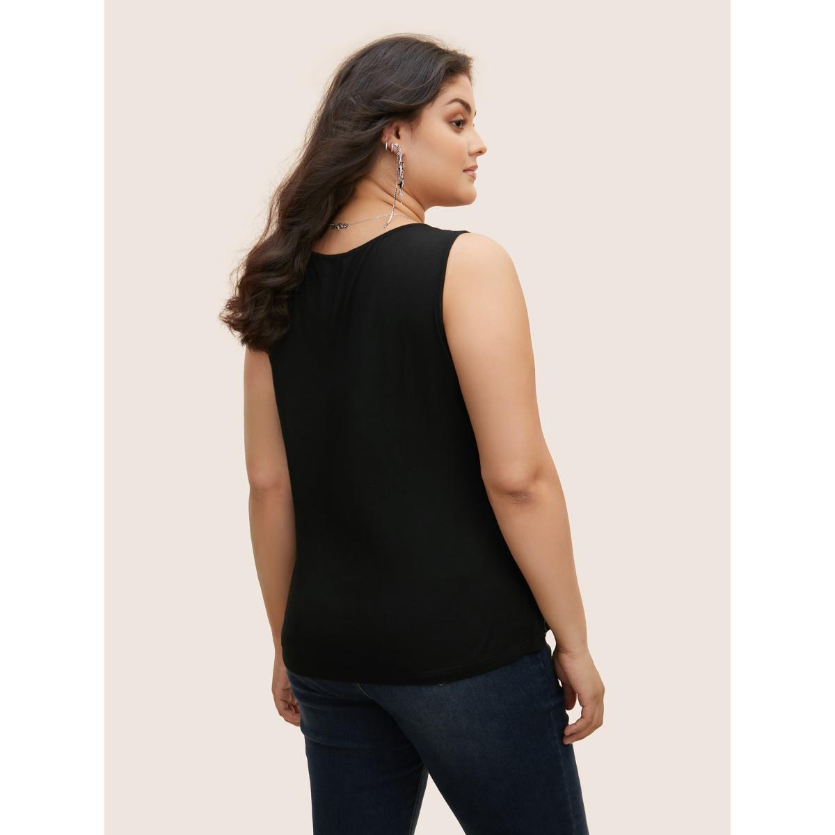 Plus Size Glitter Cowl Neck Patchwork Mesh Tank Top Women Black Cocktail Rhinestone detailing Round Neck Party Tank Tops Camis BloomChic 28/5X Product Image