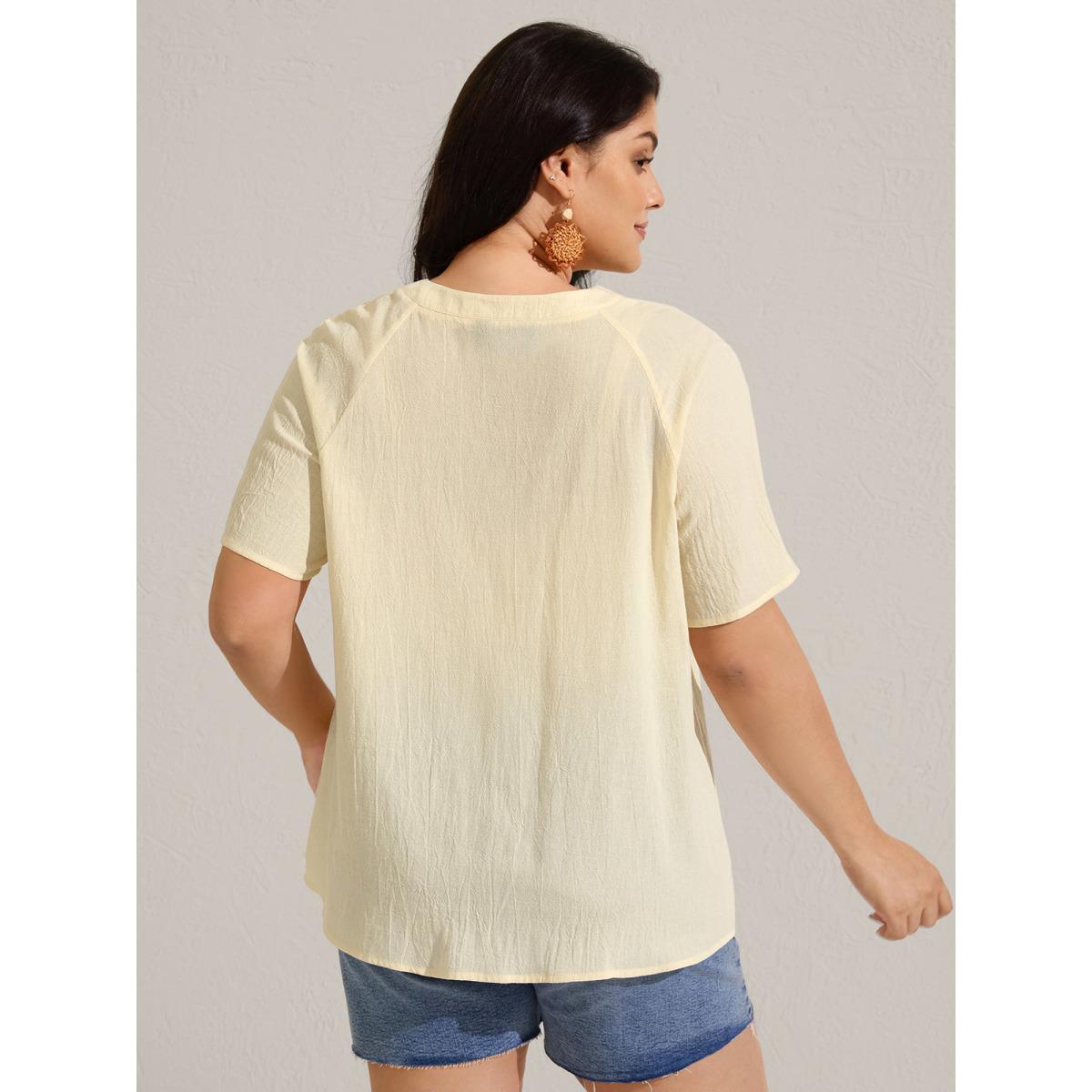 Plus Size Beige Cotton Stripe Neckline Notched Pleated Sheer Blouse Women Short sleeve Flat collar with V-notch Vacation Blouses BloomChic 12/L Product Image