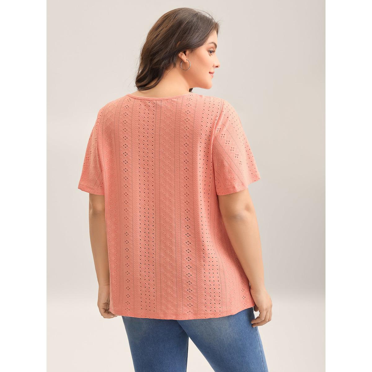 Plus Size Textured Button Detail Pleated T-Shirt Coral Women Casual Texture V-neck Everyday-Casual T-shirts BloomChic 26/4X Product Image