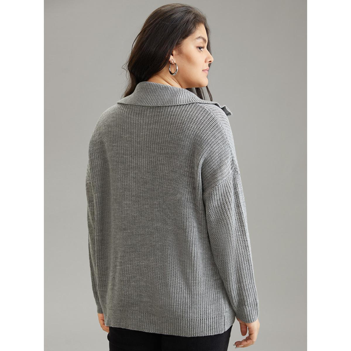 Plus Size Solid Knit O Ring Half Zip Pullover DarkGray Women Casual Loose Long Sleeve Polo Dailywear Pullovers BloomChic 26/4X Product Image