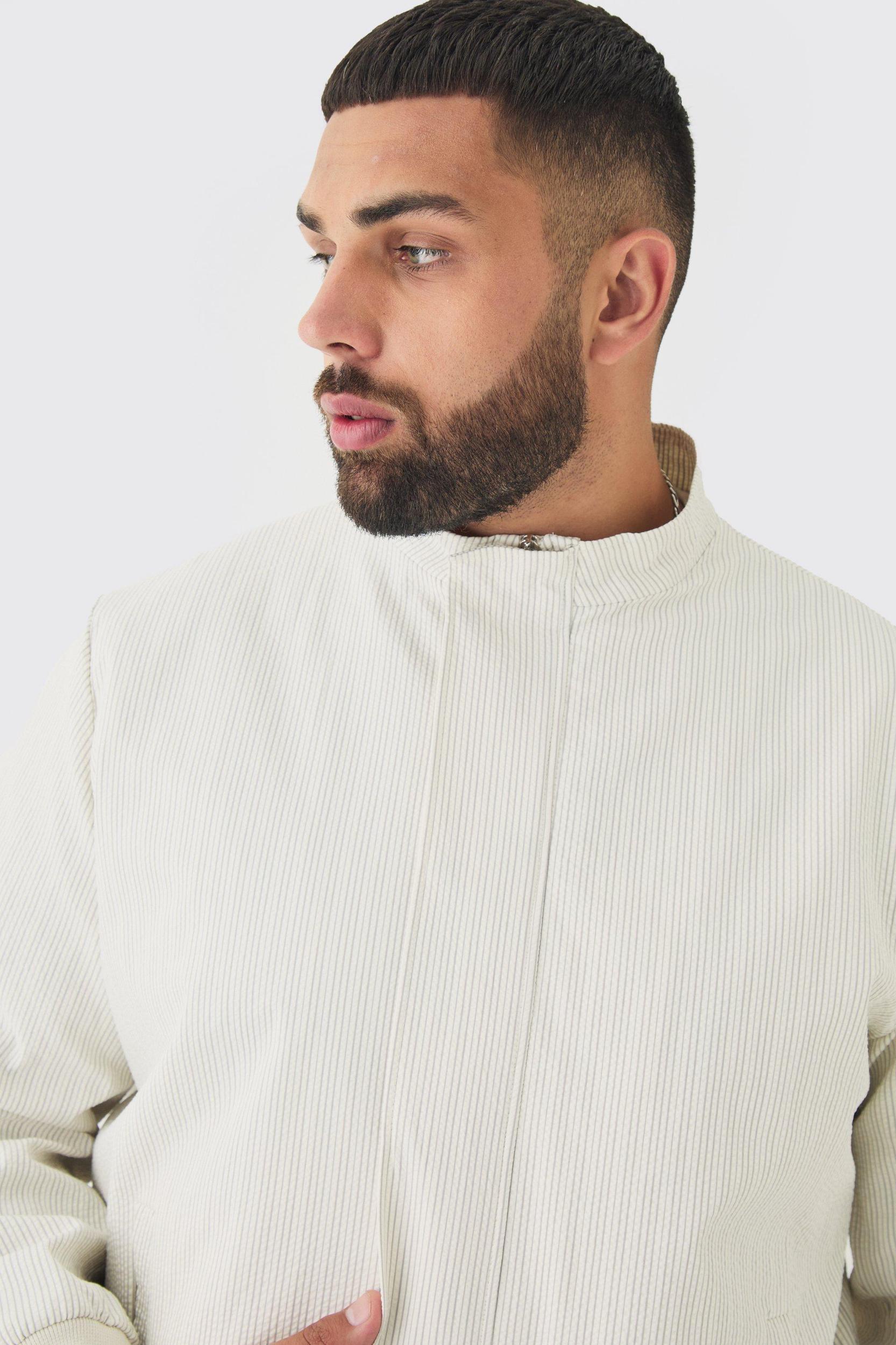 Plus Stripe Seersucker Funnel Neck Smart Jacket | boohooMAN USA Product Image
