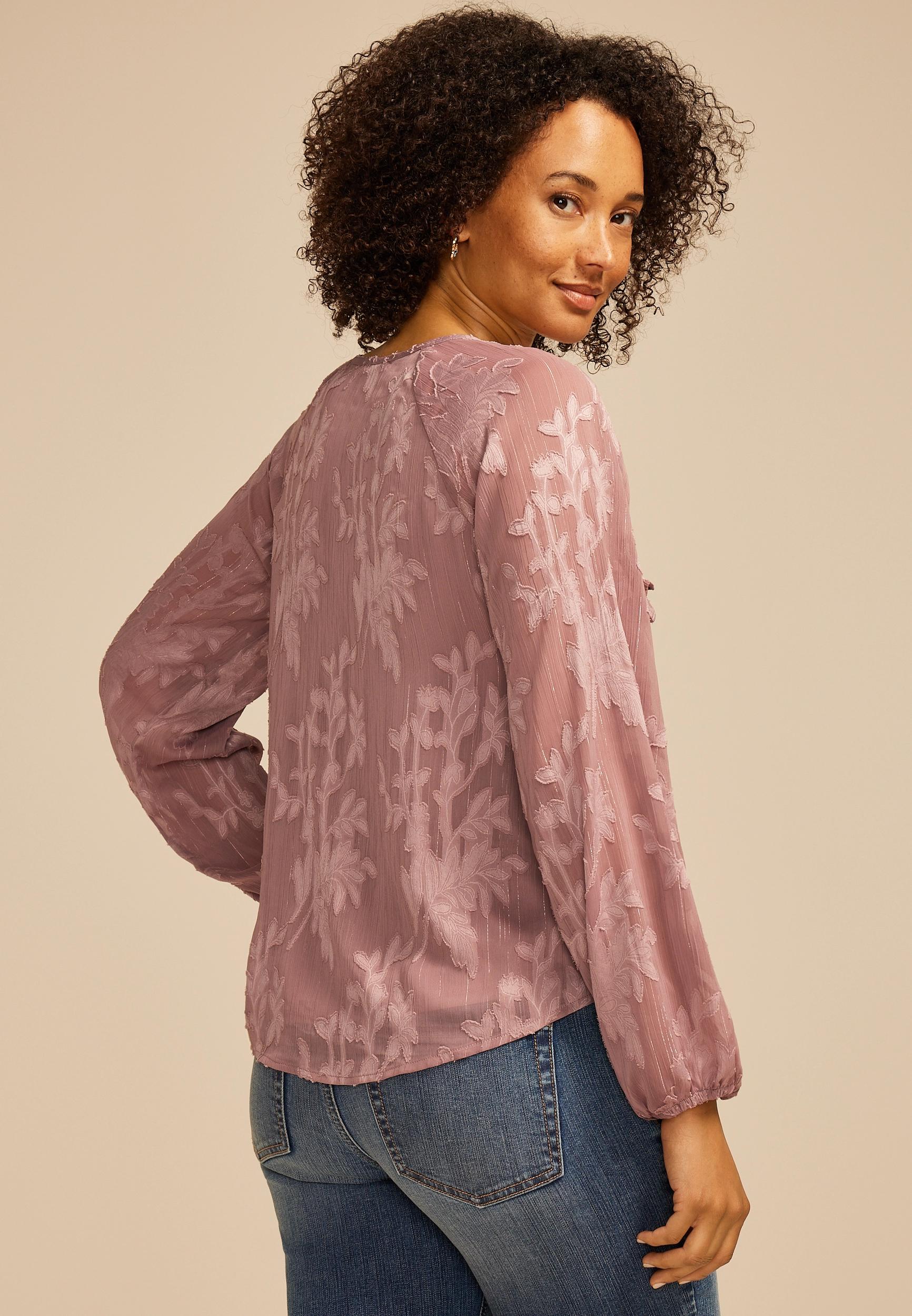 Jacquard Floral Lace Up Peasant Blouse Product Image