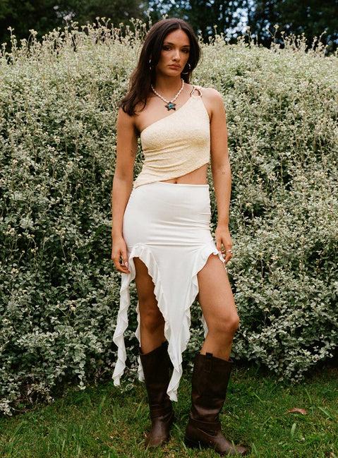Peachey Asymmetric Ruffle Midi Skirt White Product Image