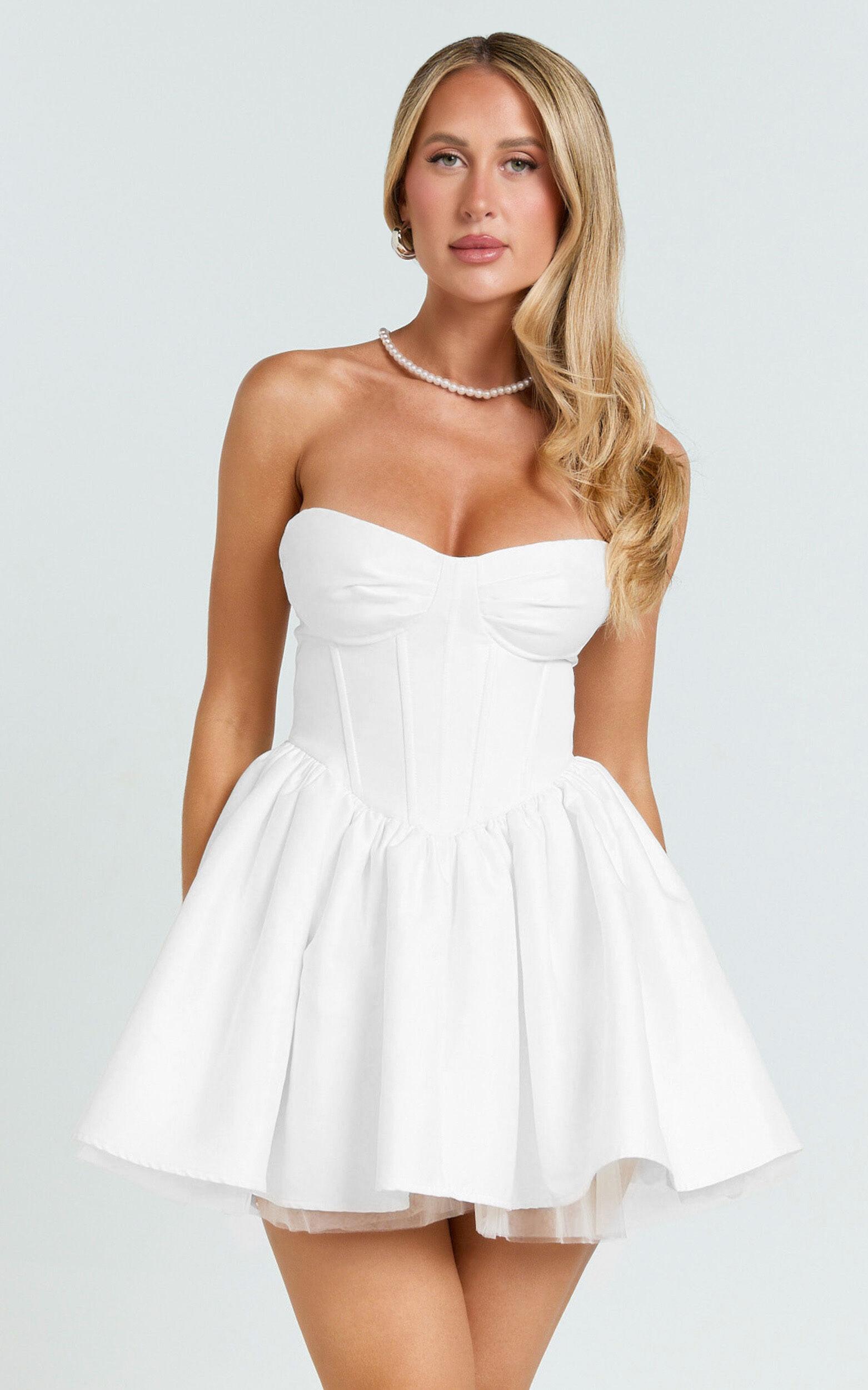 Charlize Mini Dress - Satin Sweetheart V Waist Fit And Flare Dress in White Product Image