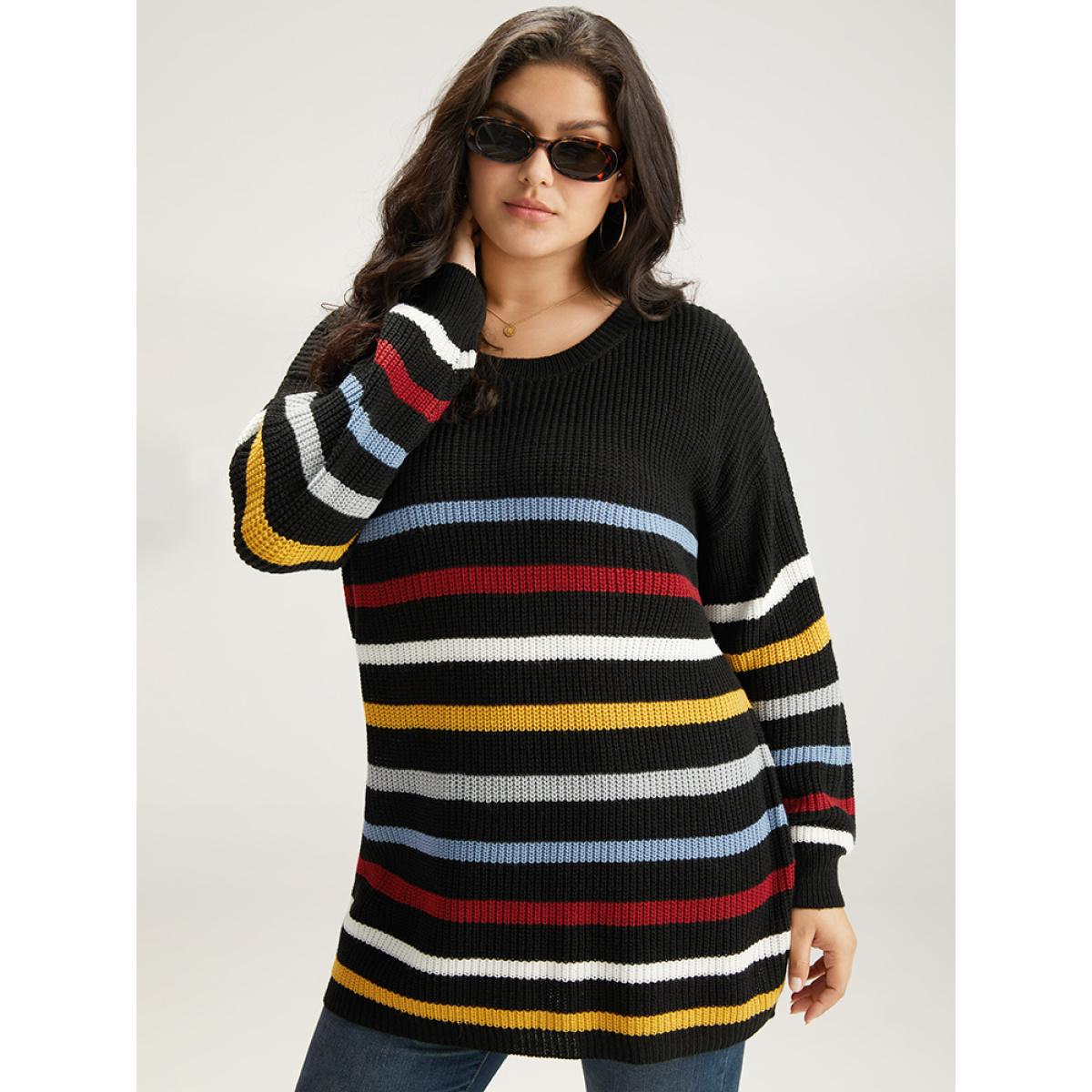 Plus Size Rainbow Striped Drop Shoulder Lantern Sleeve Pullover Multicolor Women Casual Loose Long Sleeve Round Neck Dailywear Pullovers BloomChic 28/5X Product Image