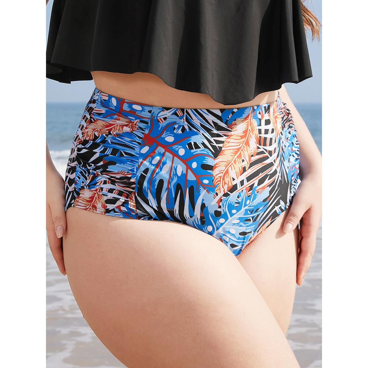 Plus Size Tropical Print High Waist Ruched Detail Bikini Bottom Women's Swimwear Multicolor Vacation Gathered High stretch Skinny High Rise Curve Swim Bottoms BloomChic 12/L Product Image