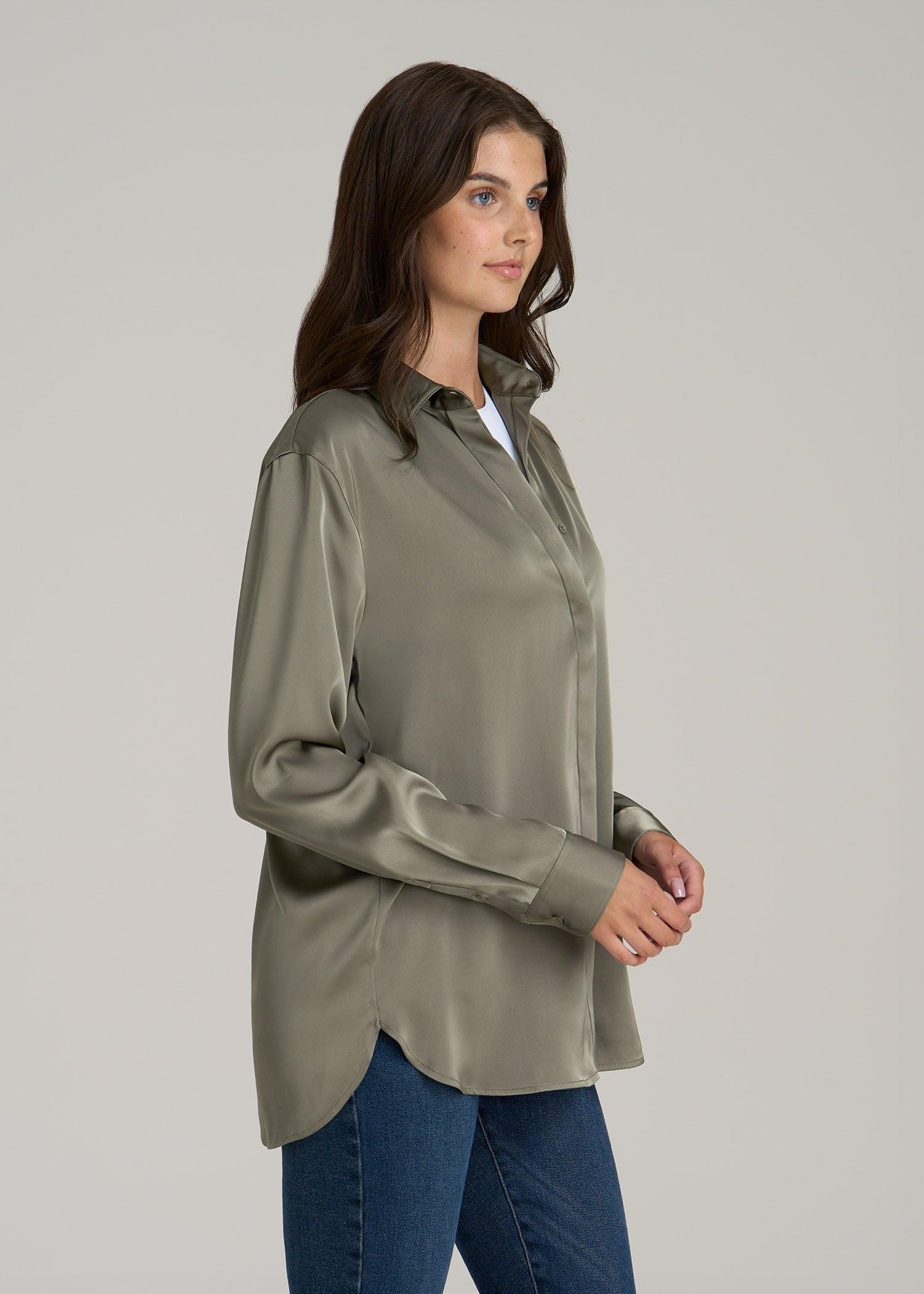 Relaxed Button-Up Blouse for Tall Women in Camper Green Female Product Image