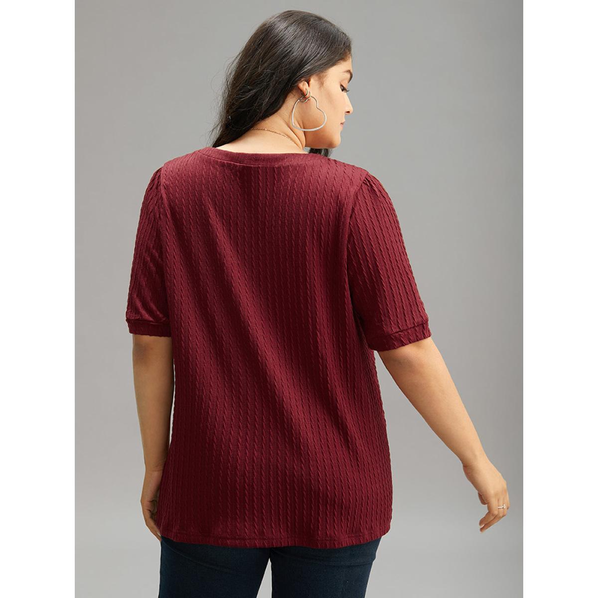 Plus Size Plain Texture V Neck Gathered Lantern Sleeve T-shirt Burgundy Women Casual Texture Plain V-neck Dailywear T-shirts BloomChic 22-24/3X Product Image