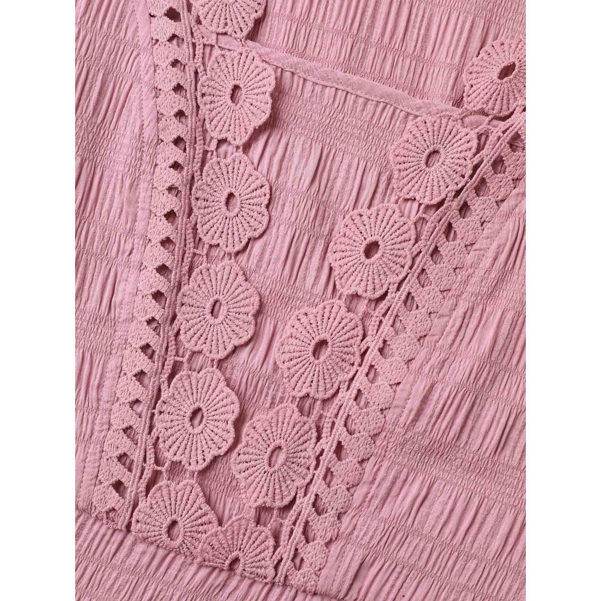 Plus Size Floral Crochet Neck Pockets Midi Dress Beanpastepowder Women Square Neck Cap Sleeve Curvy BloomChic 12/L Product Image