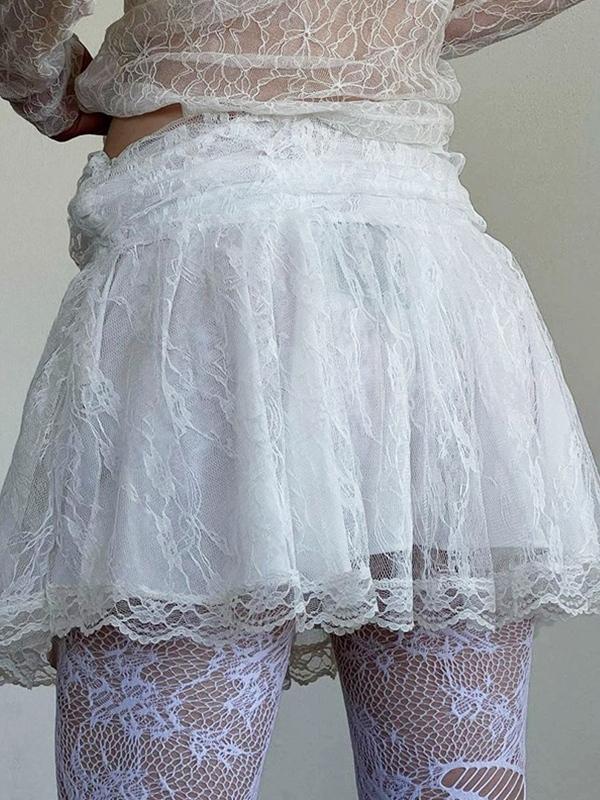 High-Waisted Pleated Lace Panel Mini Skirt Product Image