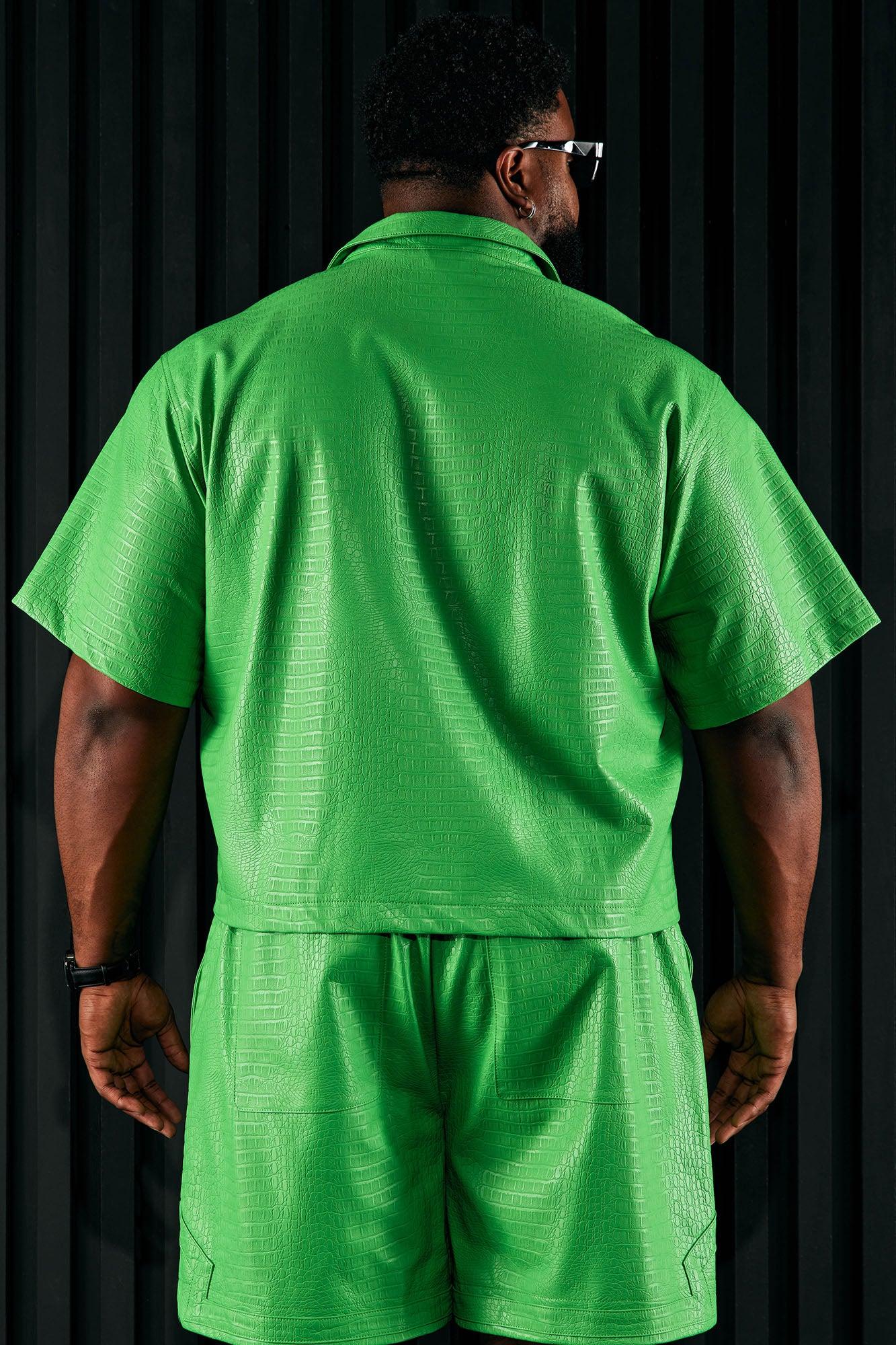 Gotta Run Faux Croc Leather Cropped Button Up Shirt - Green Product Image