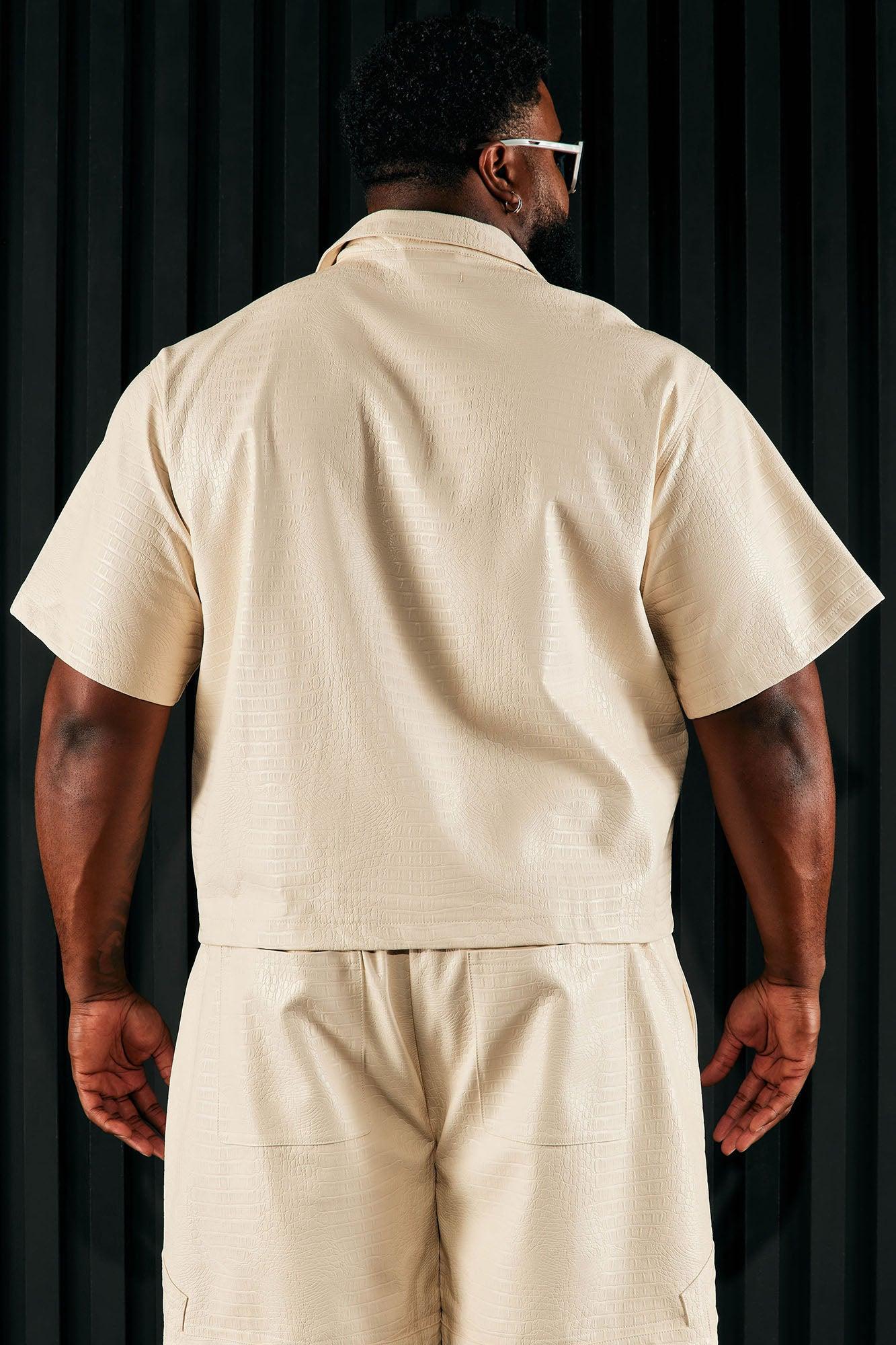 Gotta Run Faux Croc Leather Cropped Button Up Shirt - Cream Product Image