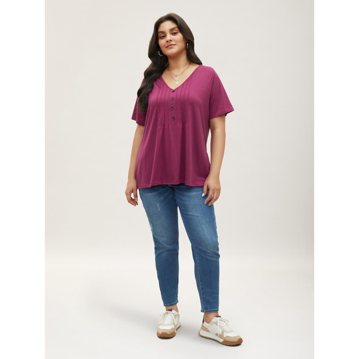 Plus Size Solid Pleated Front Button Detail V Neck T-shirt RedViolet Women Casual Button Plain Everyday T-shirts BloomChic 18-20/2X Product Image