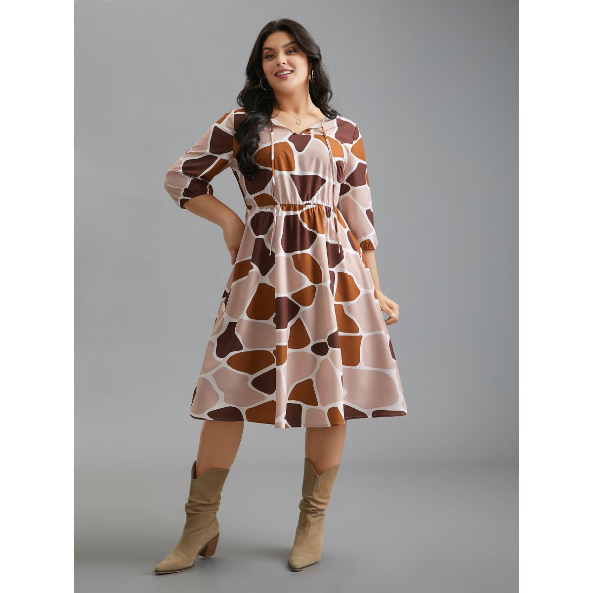 Plus Size Neck-Tie Color Block Waist Cinched Dress Multicolor Women Casual Tie knot V-neck Elbow-length sleeve Curvy BloomChic 10/M Product Image