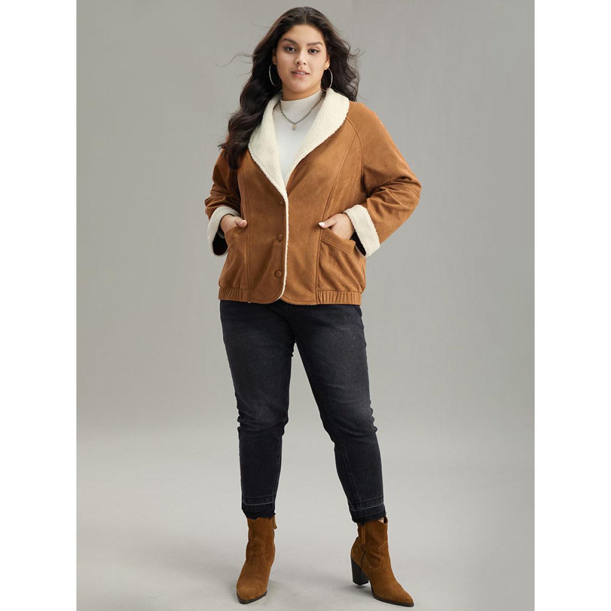 Plus Size Contrast Lapel Collar Patched Pocket Jacket Women Bronze Contrast Pocket Dailywear Jackets BloomChic 14-16/1X Product Image