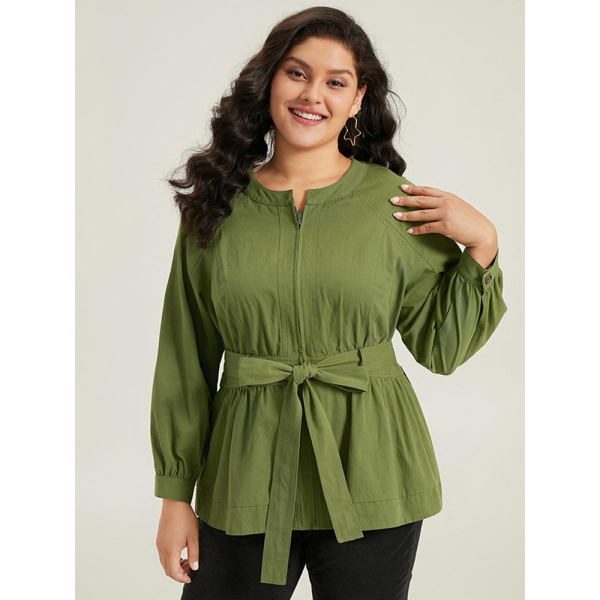 Plus Size Solid Gathered Detail Belted Zipper Fly Coat Women Moss Casual Gathered Ladies Dailywear Winter Coats BloomChic 26/4X Product Image