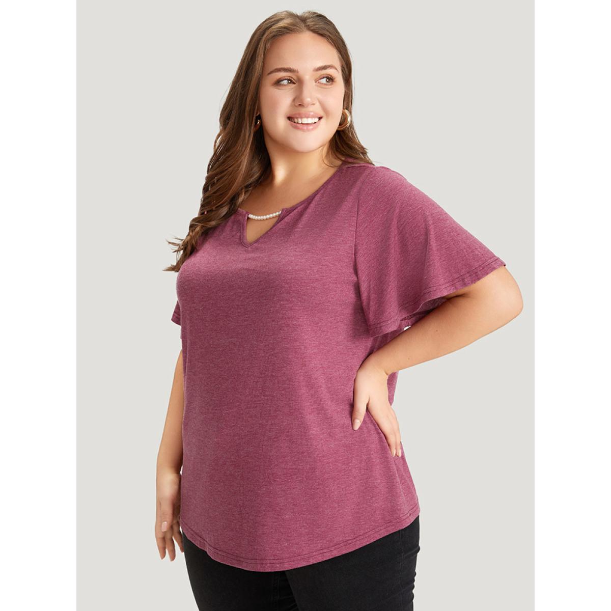 Plus Size Plain Keyhole Pearl Beaded Flutter Sleeve T-shirt RedViolet Women Elegant Cut-Out Plain Round Neck Dailywear T-shirts BloomChic 12/L Product Image