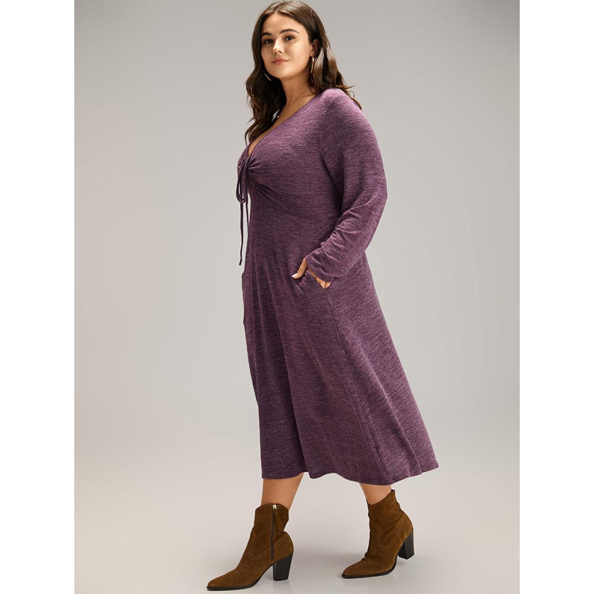 Plus Size Solid Ruched Drawstring Bowknot Pocket Dress Purple Women Casual Gathered Tie Neck Long Sleeve Curvy Midi Dress BloomChic 26/4X Product Image