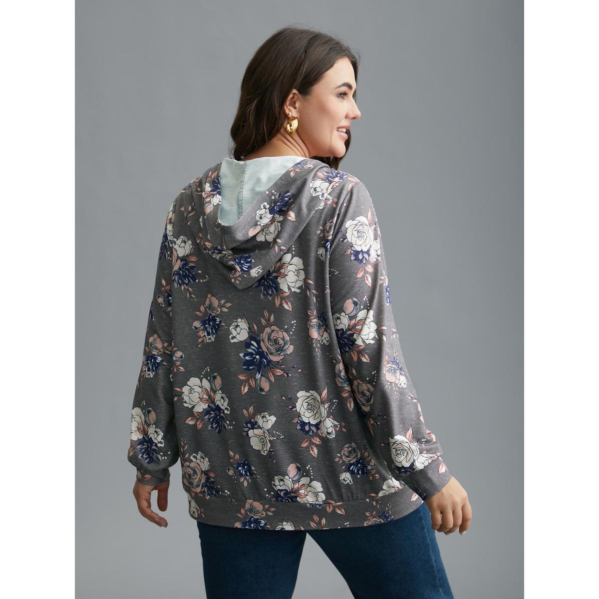 Plus Size Floral Print Zipper Front Hooded Sweatshirt Women DarkGray Casual Contrast Loose Hooded Everyday Sweatshirts BloomChic 26/4X Product Image