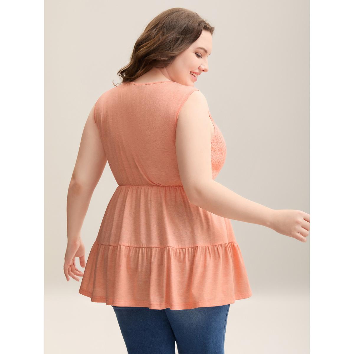 Plus Size Shirred Bodice Spliced Tiered Sleeveless Top Women Coral Elegant Gathered Notched collar Everyday Tank Tops Camis BloomChic 30/6X Product Image